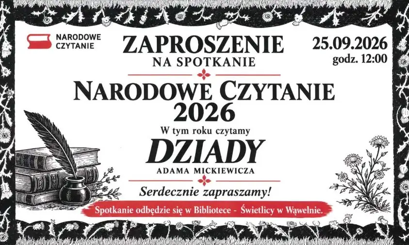 Narodowe Czytanie 2026 w Wąwelnie – wspólne czytanie „Dziadów” Adama Mickiewicza