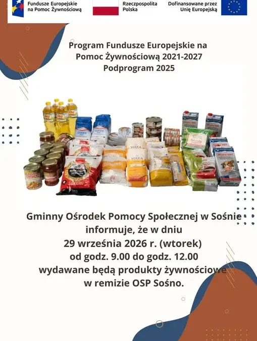 GOPS Sośno: wydawka żywności z Programu Fundusze Europejskie na Pomoc Żywnościową
