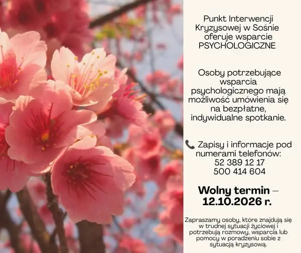 Bezpłatna pomoc psychologiczna w Punkcie Interwencji Kryzysowej w Sośnie