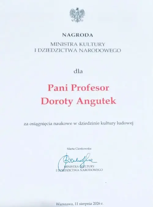 Prof. Dorota Angutek z Nagrodą Ministra Kultury za badania nad kulturą ludową