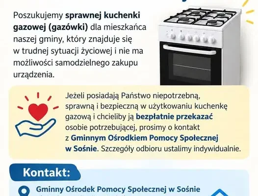 Gmina Sośno szuka kuchenki gazowej dla mieszkańca w trudnej sytuacji