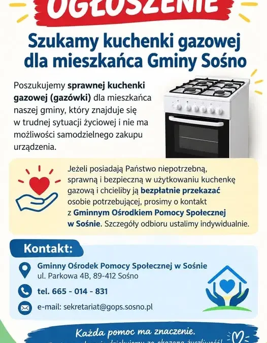 Gmina Sośno szuka kuchenki gazowej dla mieszkańca w trudnej sytuacji